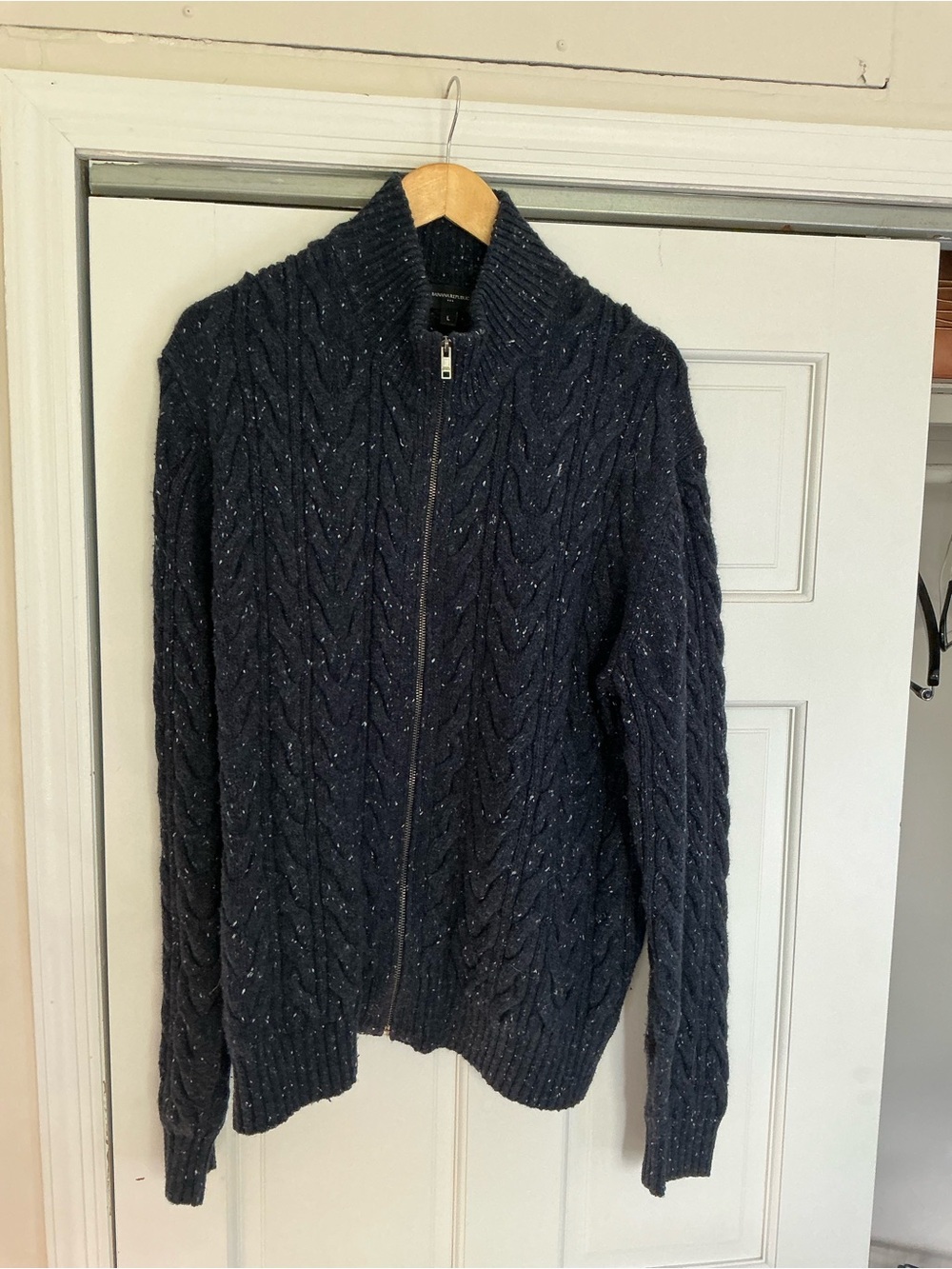 Banana Republic Navy Speckled Cable Zip-Up Sweater